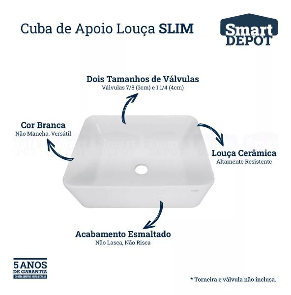 Imagem de Cuba Para Banheiro Pia De Apoio Sobrepor Sartin Smart Depot Louça Lavatório Retangular Ceramica 40x30cm Slim