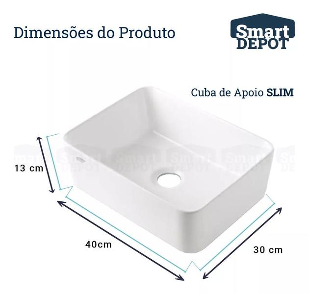 Imagem de Cuba Para Banheiro Pia De Apoio Sobrepor Sartin Smart Depot Louça Lavatório Retangular Ceramica 40x30cm Slim