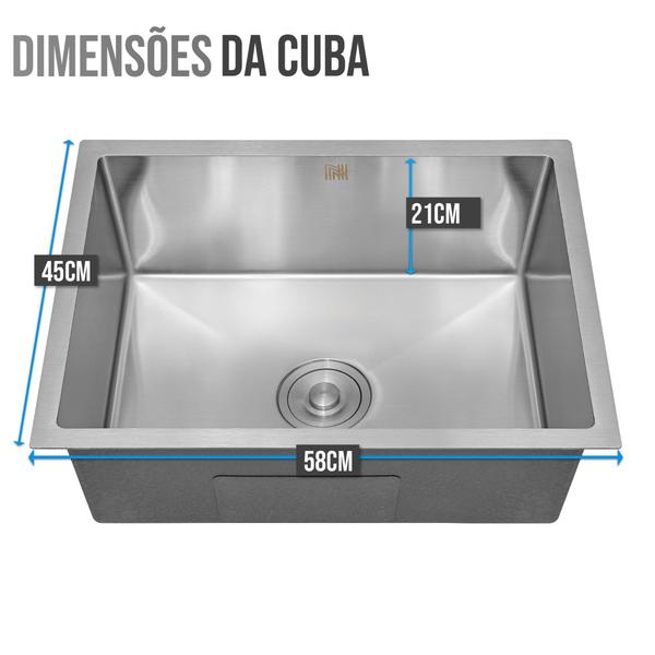 Imagem de Cuba para Cozinha Gourmet Pia Aço Inox 304 Quadrada 58 cm