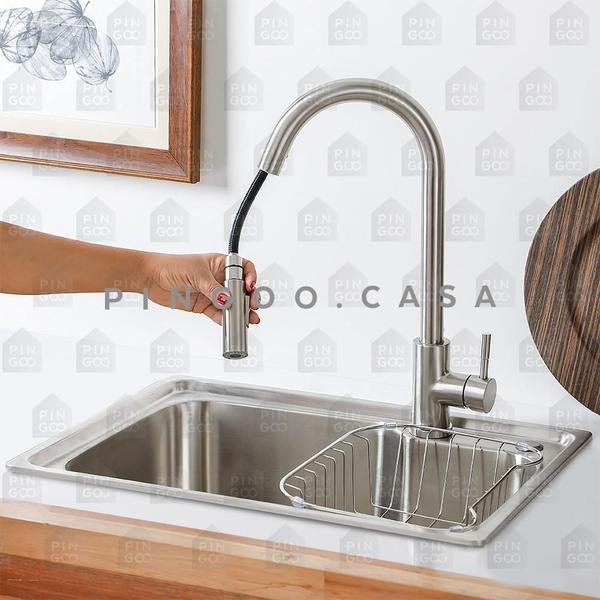 Imagem de Cuba para cozinha pia com acessórios e lixeira Matis e Torneira monocomando gourmet Iriri Pingoo.casa - Escovado