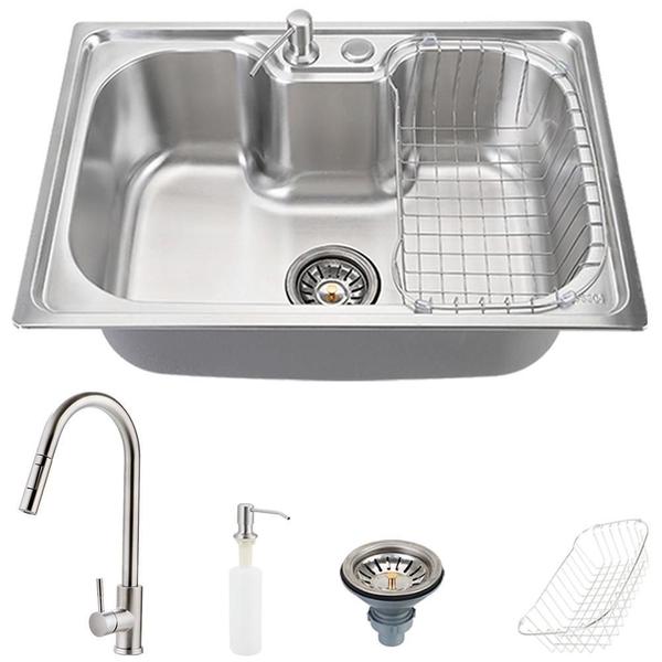 Imagem de Cuba para Cozinha pia inox Com Acessórios Torneira gourmet monocomando extensível escovado Prata