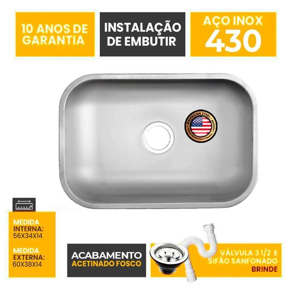 Imagem de Cuba Pia 56x34x14 - Inox 430  Fosco American Steel Válvula + Sifão