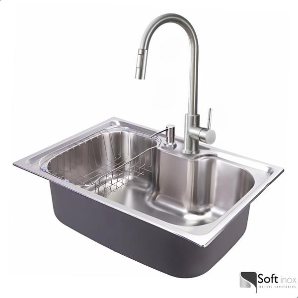 Imagem de Cuba Pia Cozinha Gourmet Aço Inox 60x40 com Torneira Luxo Monocomando Extensível Inox Escovado