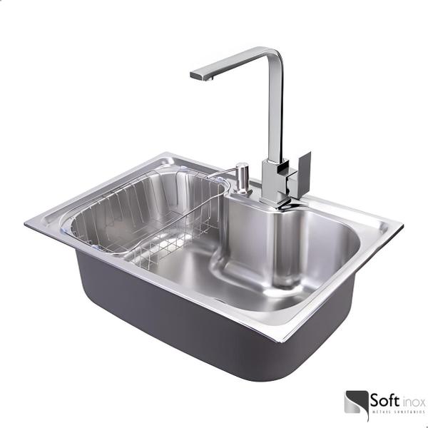 Imagem de Cuba Pia Cozinha Gourmet Aço Inox 60x40 com Torneira Slim Monocomando Cromada