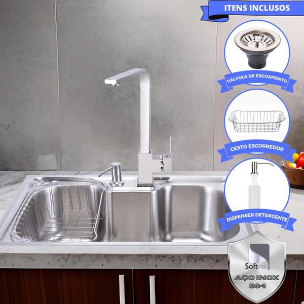 Imagem de Cuba Pia Cozinha Gourmet Aço Inox 60x40 com Torneira Slim Monocomando