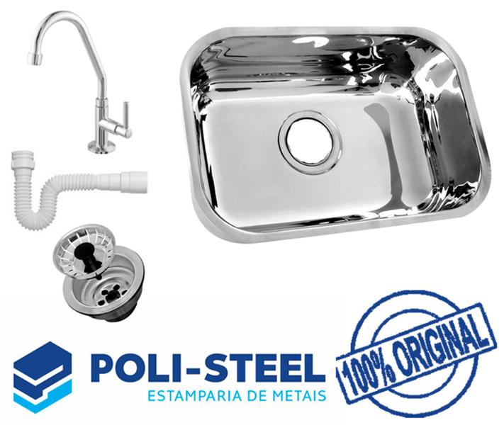 Imagem de Cuba Pia Cozinha nº1 46x30x17 INOX POLIDA  + SIFÃO +VÁLVULA + TORNEIRA BANCADA RAINHA - Poli-Steel