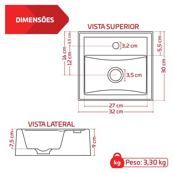 Imagem de Cuba Pia De Apoio Quadrada 32x30cm Topázio Para Banheiro Lavabo Beltempo