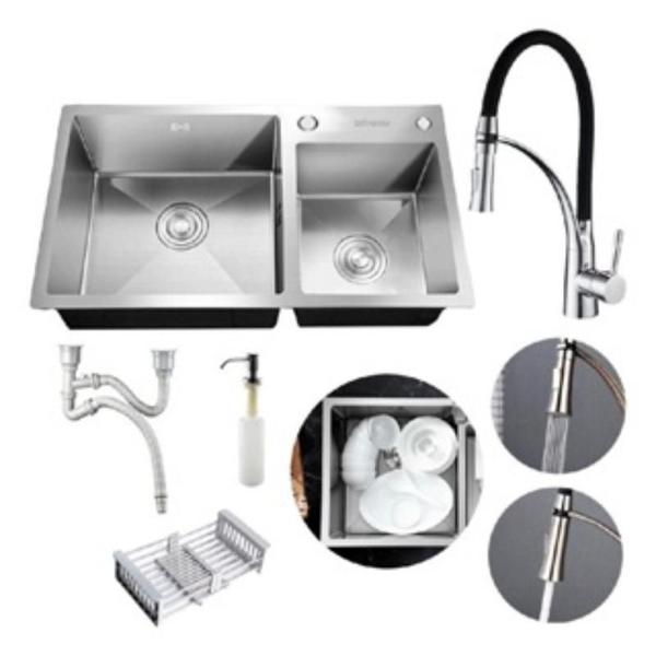 Cuba Pia Dupla Prata Gourmet Quadrada Completa C/Acessórios + Torneira Monocomando Preta Flexível De Silicone Brinovar Imagem de Cuba Pia Dupla Prata Gourmet Quadrada Completa C/Acessórios + Torneira Monocomando Preta Flexível De Silicone Brinovar