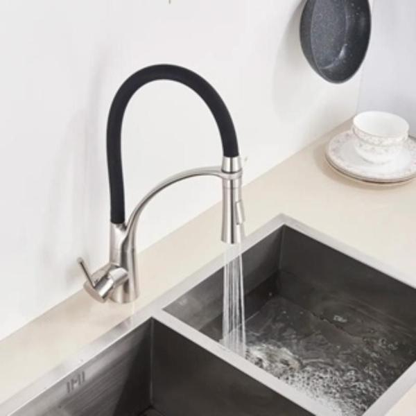 Cuba Pia Dupla Prata Gourmet Quadrada Completa C/Acessórios + Torneira Monocomando Preta Flexível De Silicone Brinovar Imagem de Cuba Pia Dupla Prata Gourmet Quadrada Completa C/Acessórios + Torneira Monocomando Preta Flexível De Silicone Brinovar