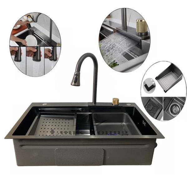 Imagem de Cuba Pia Gourmet Inox Escovado + Torneira Misturador Cascata Luxo Regulagem P7545 Luuk Young