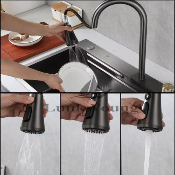 Imagem de Cuba Pia Gourmet Inox Escovado + Torneira Misturador Cascata Luxo Regulagem P7545 Luuk Young