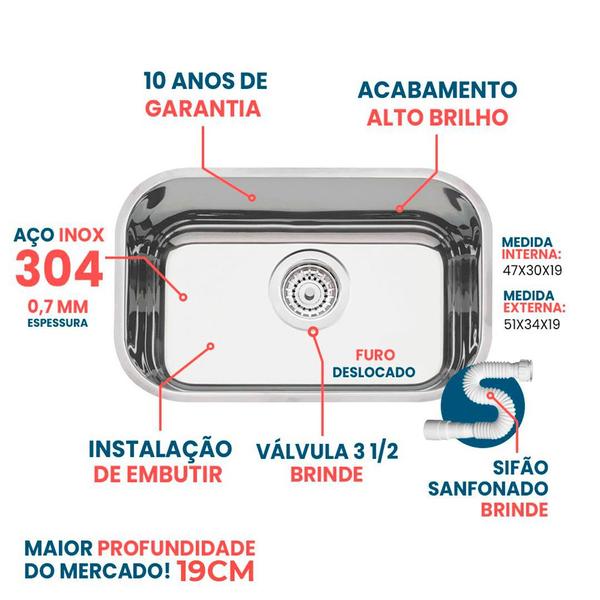 Imagem de Cuba Pia Inox 47x30x19 - 304  American Steel  king + Válvula e Sifão