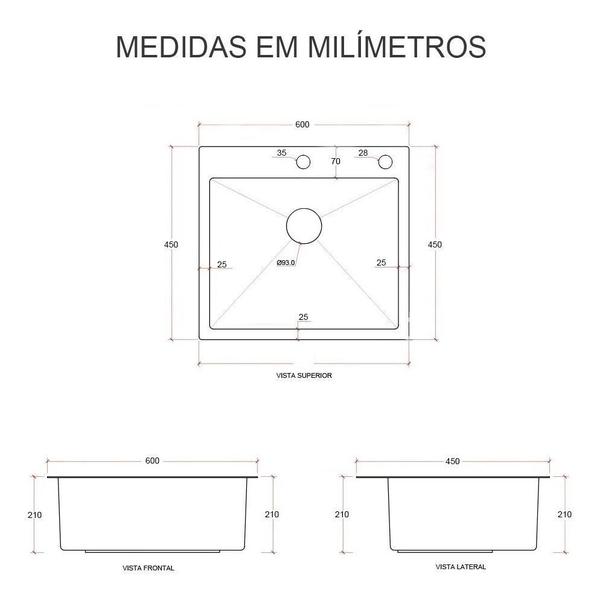 Imagem de Cuba Pia Inox Quadrada Cozinha Gourmet 60Cm Com Acessórios