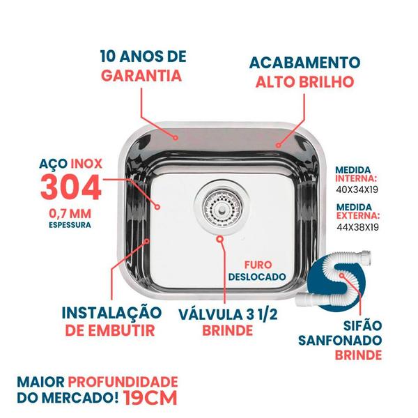 Imagem de Cuba Pia Número 0 Cozinha Inox 304 American Steel 40x34x19 + válvula e Sifão  