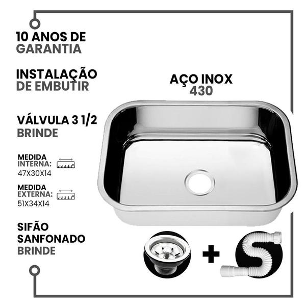 Imagem de Cuba Pia Numero 1 Cozinha Inox American Steel 47x30x14 + Vávula e Sifão 