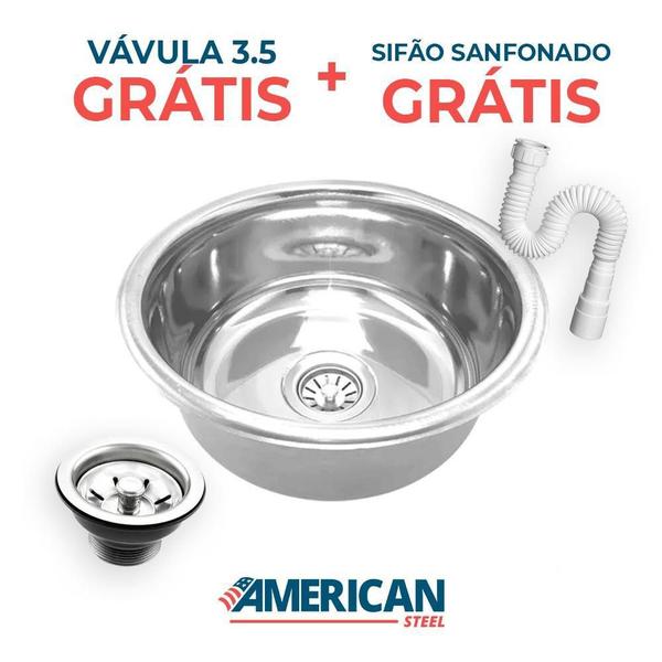 Imagem de Cuba Redonda Cozinha 25 Cm Aço Inox 430 Com Válvula E Sifão