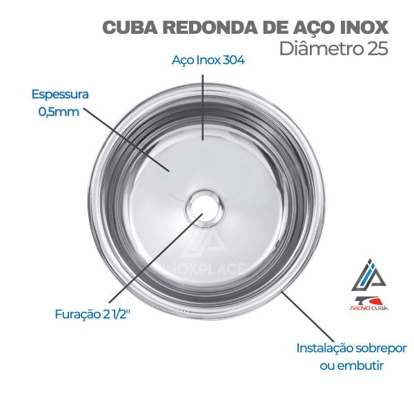 Imagem de Cuba Redonda de Aço Inox Diametro 25 Aço Inox 304  com Valvula 2 1/2 e Sifão
