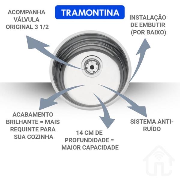 Cuba Tramontina Cozinha Redonda Inox 30x14 Polida Brilho + Torneira Herc Mesa C/Sifão Imagem de Cuba Tramontina Cozinha Redonda Inox 30x14 Polida Brilho + Torneira Herc Mesa C/Sifão
