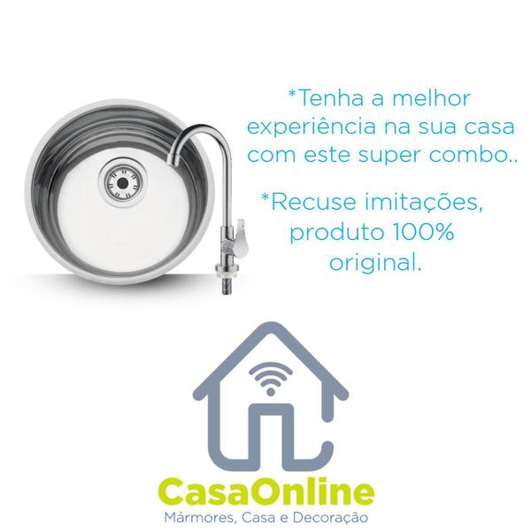 Cuba Tramontina Cozinha Redonda Inox 30x14 Polida Brilho + Torneira Herc Mesa C/Sifão Imagem de Cuba Tramontina Cozinha Redonda Inox 30x14 Polida Brilho + Torneira Herc Mesa C/Sifão