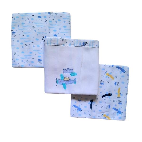 Imagem de Cueiro Manta Bebê Flanelado Kit c/03 Unidades 80cm x 80cm com Estampa e Bordado 