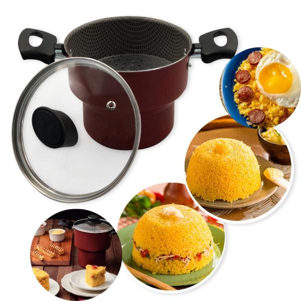 Imagem de Cuscuzeira Com Tampa De Vidro Antiaderente 14 cm Luxo Cuzcuz Utensílio de Cozinha Panela Vapor Cozimento Saudável