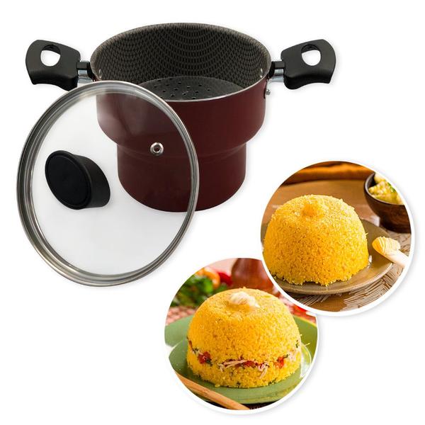 Imagem de Cuscuzeiro Antiaderente Com Tampa de Vidro Enjoy 14cm alimento cozinha comida casa praticidade - Vermelho