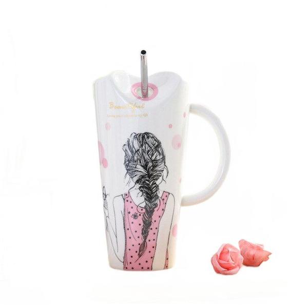 Imagem de Cute Girl Ceramic Cup 450ml Porcelana Coffee Mug With Straw Women Home Milk Tea Cups Birthday Gift Canecas (rosa)