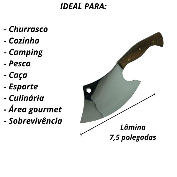 Imagem de Cutelo machado 29cm prata artesanal lâmina inox cabo madeira detalhe rustico + bainha couro para cozinha churrasco caça