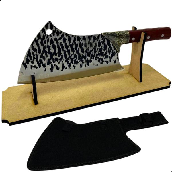 Cutelo Profissional Linha Damasco Com bainha Cortar Ossos Carne e Suporte Mdf SQ - Acesso Imagem de Cutelo Profissional Linha Damasco Com bainha Cortar Ossos Carne e Suporte Mdf SQ