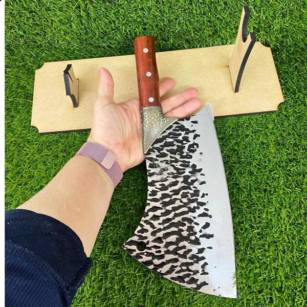 Cutelo Profissional Linha Damasco Com bainha Cortar Ossos Carne e Suporte Mdf SQ - Acesso Imagem de Cutelo Profissional Linha Damasco Com bainha Cortar Ossos Carne e Suporte Mdf SQ