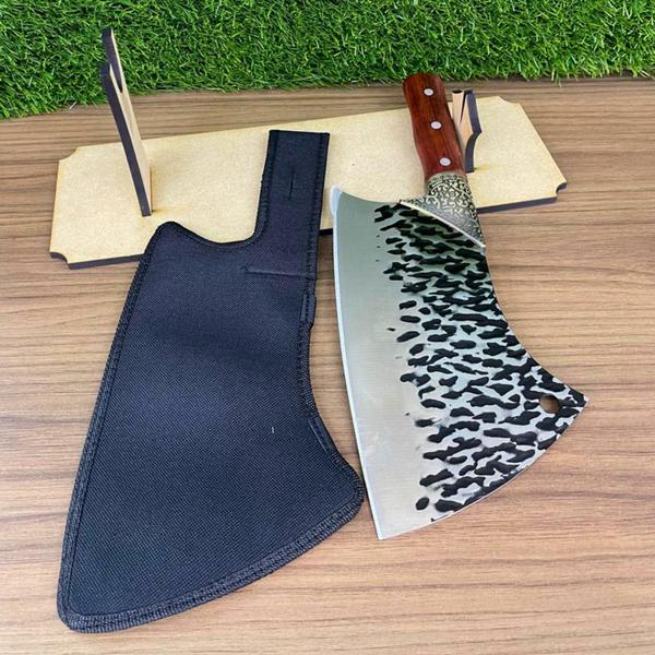 Cutelo Profissional Linha Damasco Com bainha Cortar Ossos Carne e Suporte Mdf SQ - Acesso Imagem de Cutelo Profissional Linha Damasco Com bainha Cortar Ossos Carne e Suporte Mdf SQ