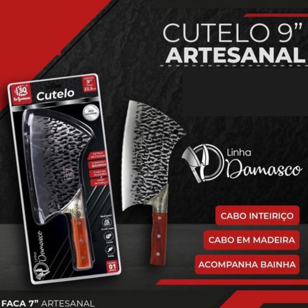 Cutelo Profissional Linha Damasco Com bainha Cortar Ossos Carne e Suporte Mdf SQ - Acesso Imagem de Cutelo Profissional Linha Damasco Com bainha Cortar Ossos Carne e Suporte Mdf SQ