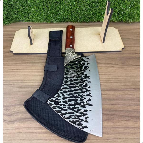 Cutelo Profissional Linha Damasco Com bainha Cortar Ossos Carne e Suporte Mdf SQ - Acesso Imagem de Cutelo Profissional Linha Damasco Com bainha Cortar Ossos Carne e Suporte Mdf SQ