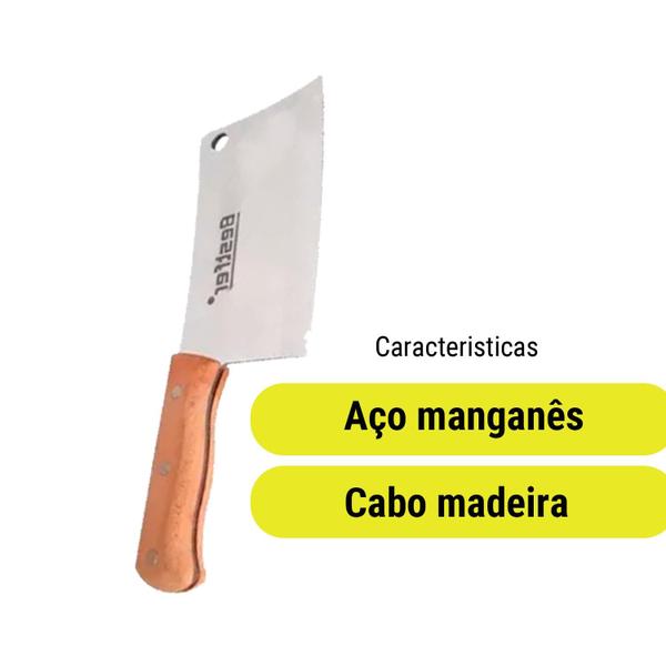 Imagem de Cutelo Tipo Artesanal Profissional em Aço Manganês ¼ Pol com Furo Cabo Madeira Corte Carne