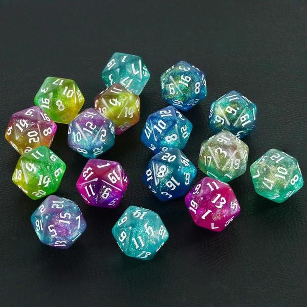 Imagem de Dados Poliédricos D20 com Glitter - 20 Lados e Cores Mistas para Jogos de Mesa