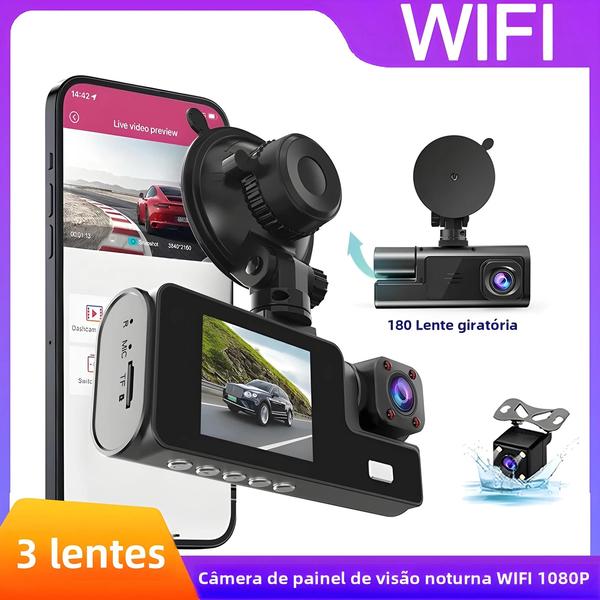 Imagem de Dash Cam 1080p 3 Câmeras com Wi-Fi - Visão Frontal, Traseira e Noturna