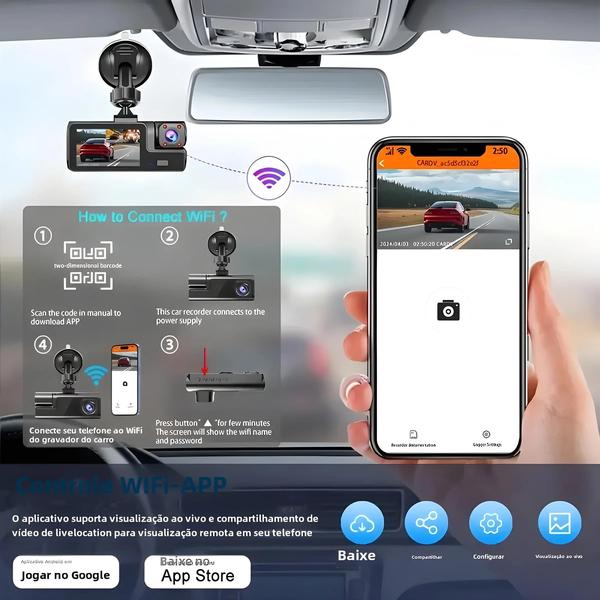 Imagem de Dash Cam 1080p 3 Câmeras com Wi-Fi - Visão Frontal, Traseira e Noturna