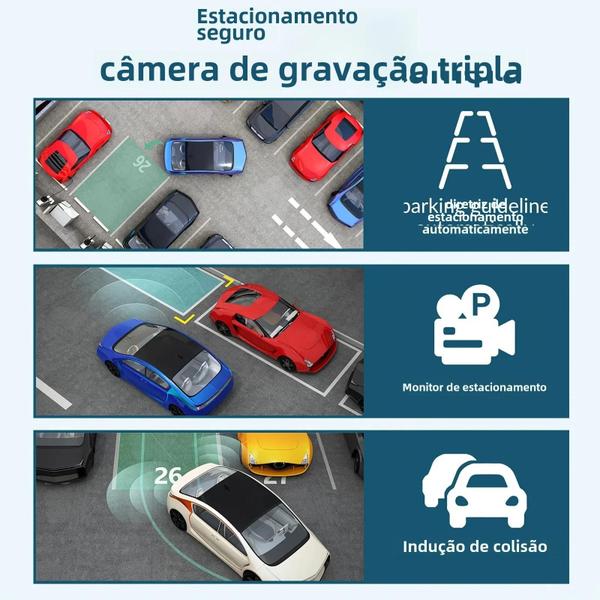 Imagem de Dash Cam 1080p 3 Canais com Câmera Traseira - DVR para Veículo