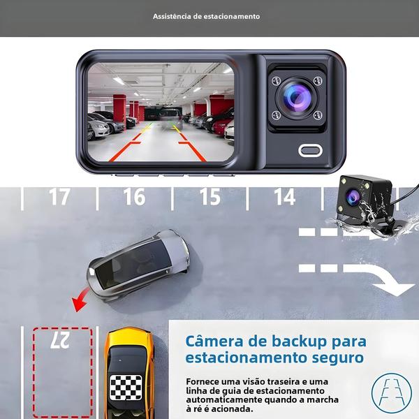 Imagem de Dash Cam 1080p 3 Canais com Câmera Traseira - DVR para Veículo