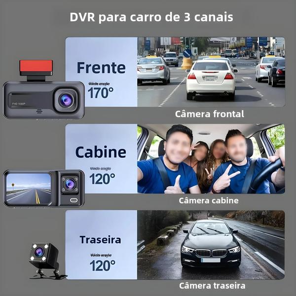 Imagem de Dash Cam 1080p 3 Canais com Câmera Traseira - DVR para Veículo