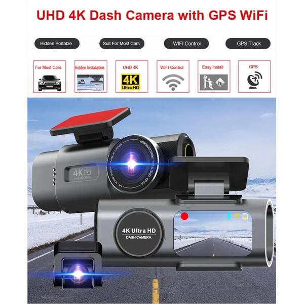 Imagem de Dash Cam 4K com Lente Dupla, Visão Noturna, Wi-Fi e GPS - Gravação 24H