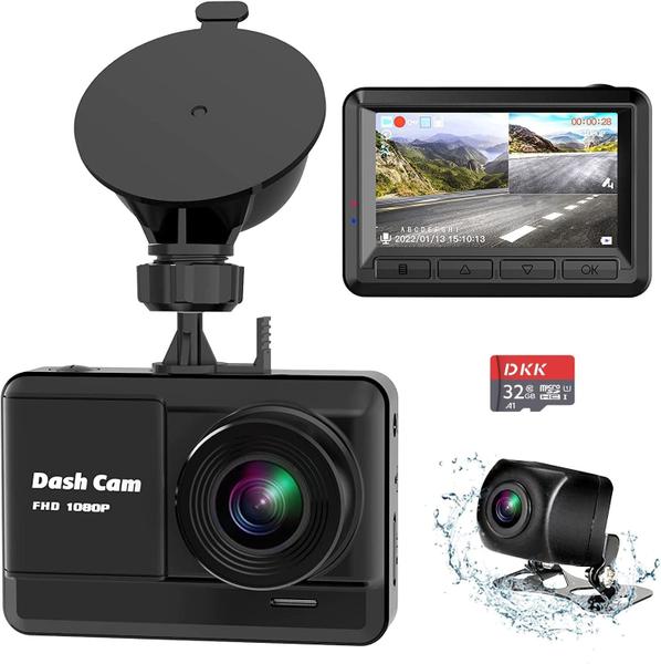 Imagem de Dash Cam DKK 1080P Full HD frontal e traseira com cartão SD de 32 GB