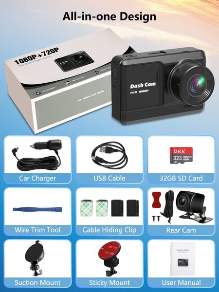 Imagem de Dash Cam DKK 1080P Full HD frontal e traseira com cartão SD de 32 GB