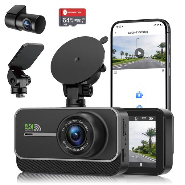 Imagem de Dash Cam GMAIPOP 4K+1080P WiFi frontal e traseiro com aplicativo de 64 GB