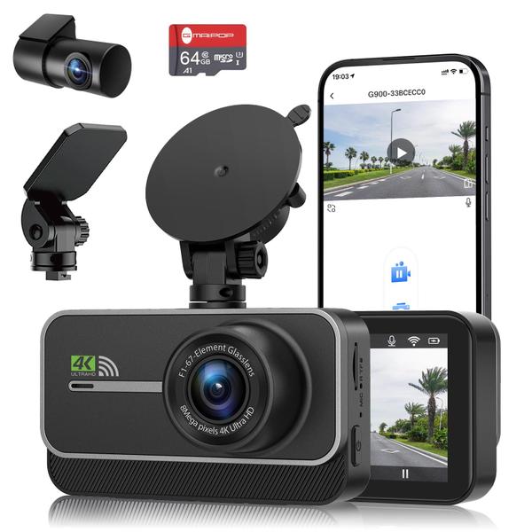 Imagem de Dash Cam GMAIPOP 4K+1080P WiFi frontal e traseiro com cartão SD de 64 GB