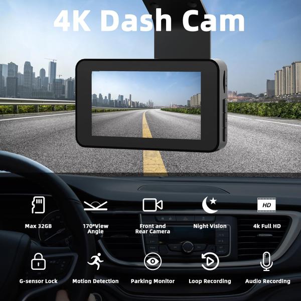 Imagem de Dash Cam GUNCENG 4K frontal e traseira de 170 de ângulo amplo +cartão de 32 GB