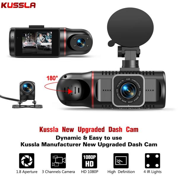 Imagem de Dash Cam Kussla 3 canais 1080P frontal e traseiro interno