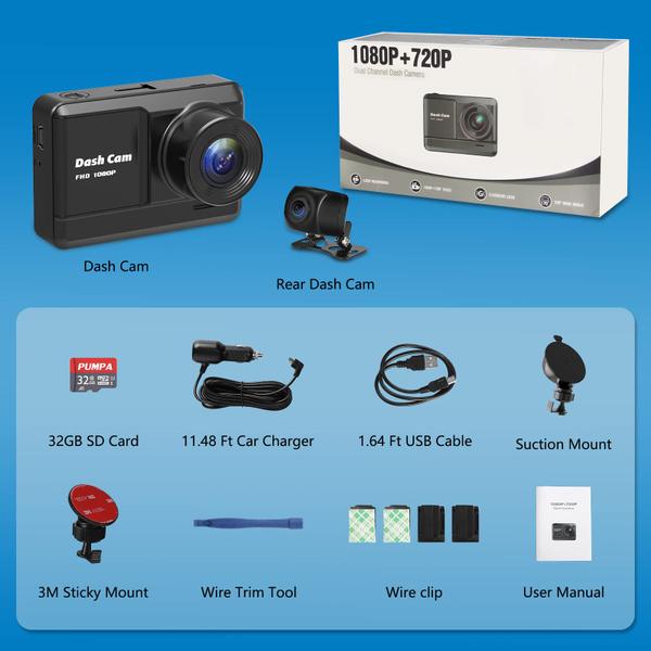 Imagem de Dash Cam Pumpa 1080P Full HD frontal e traseira com cartão SD de 32 GB