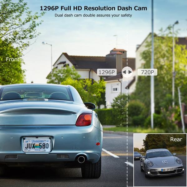 Imagem de Dash Cam SPADE Dual 1296P frontal e traseira com cartão SD de 32 GB