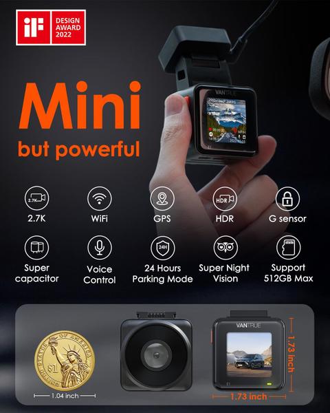 Imagem de Dash Cam Vantrue E1 2.7K WiFi Mini com GPS e controle de velocidade